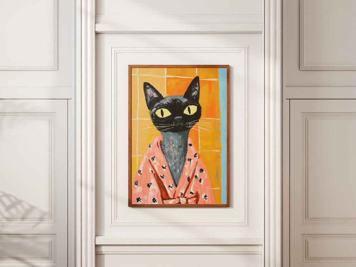 Black Cat With Yellow Eyes In Pink Robe Poster Funny Pet Bathroom Art - Image 2