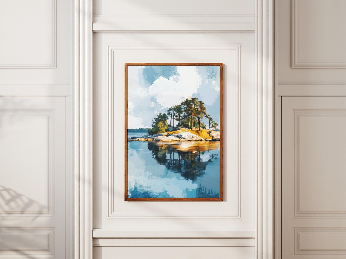 Rocky Pine Island Reflected In Calm Blue Water Serene Poster - Image 2