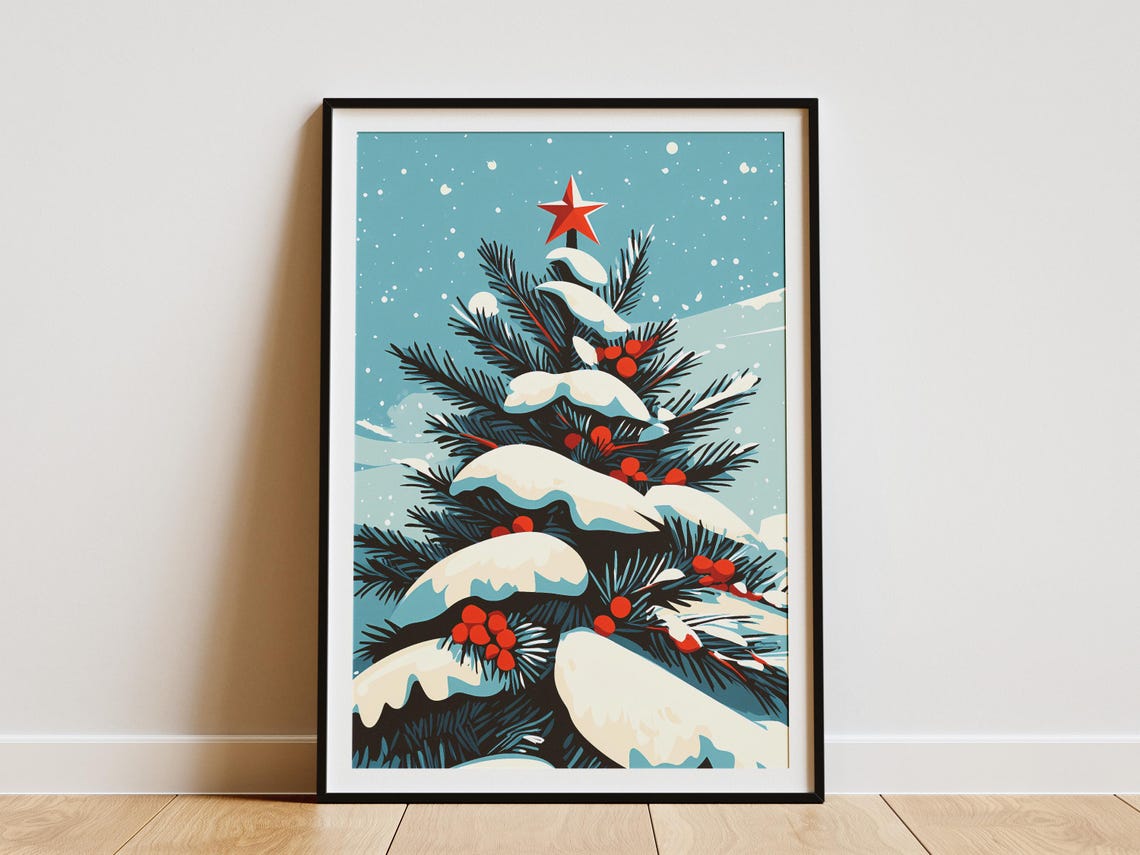 Snow-Covered Christmas Tree With Red Star Berries Holiday Poster