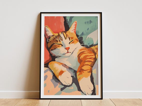 Shorthair Cat Sleeping Art Print Matisse Inspired Feline Wall Decor Abstract Orange Tabby Kitten Poster For Pet Lovers Cozy Home