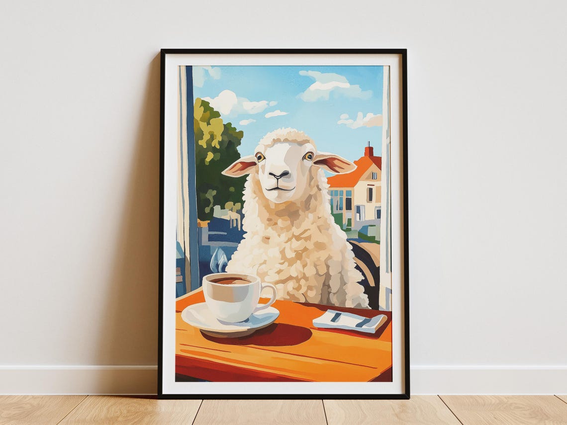 Woolly Sheep Enjoying Coffee At An Orange Cafe Table Scene Poster