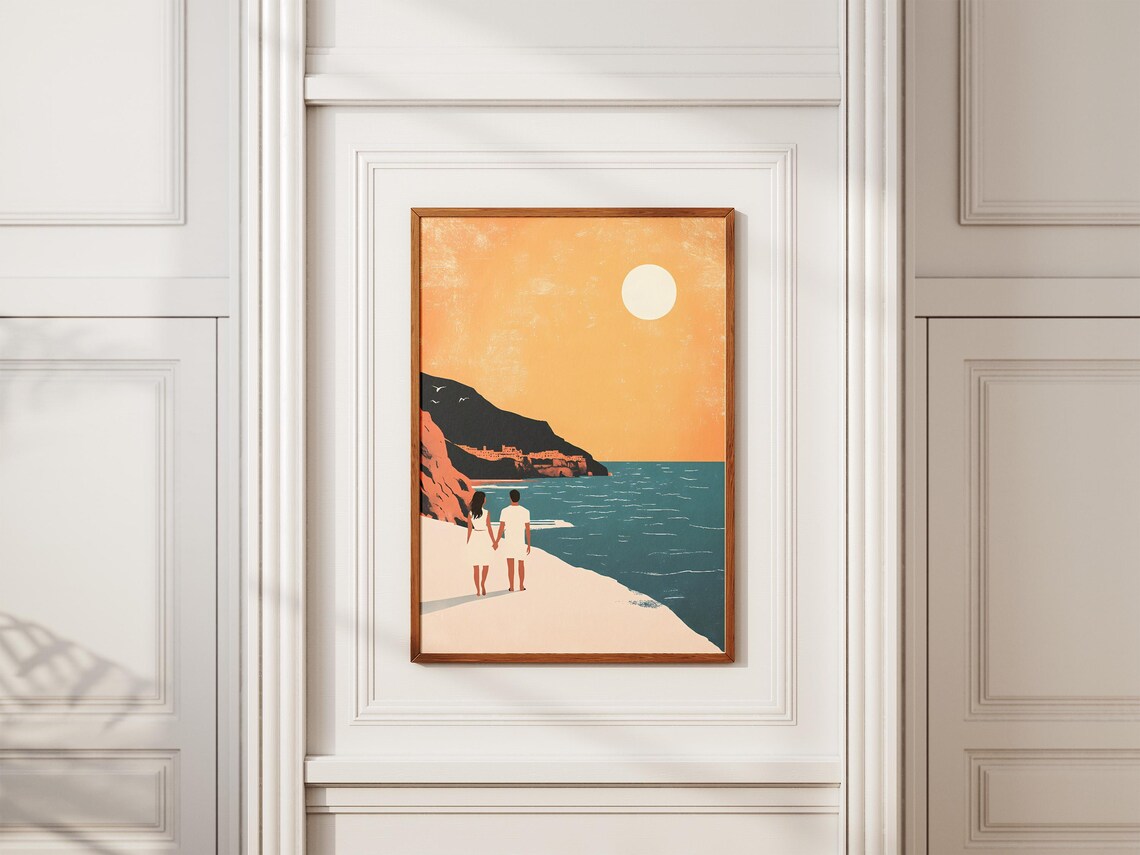 Minimalist Couple Watching Sunset On A Golden Cliff Beach Poster - Image 2
