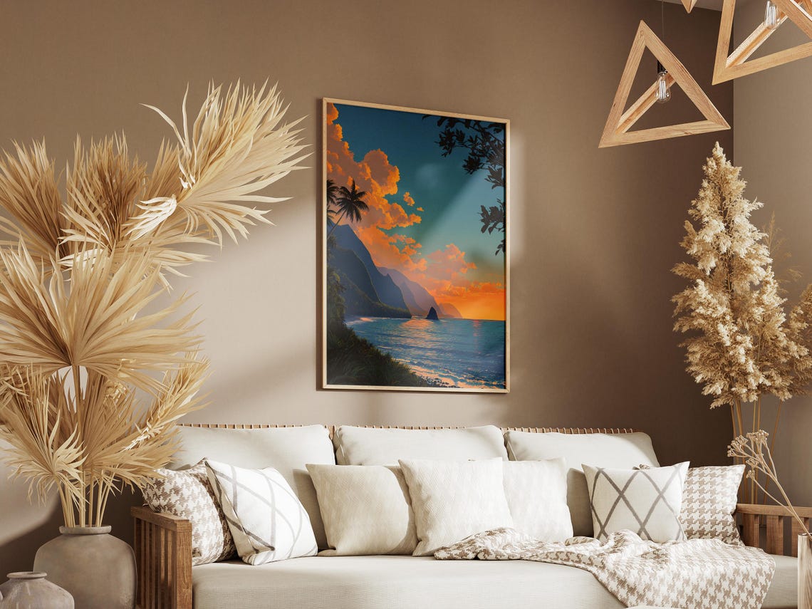 Molokai Sunset Dramatic Orange Clouds Over Ocean Coastline Poster - Image 3