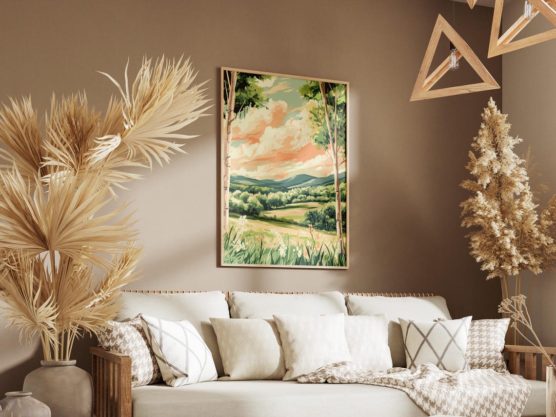 Spring Valley View Between Birch Trees Peach Clouds Landscape Poster - Image 3