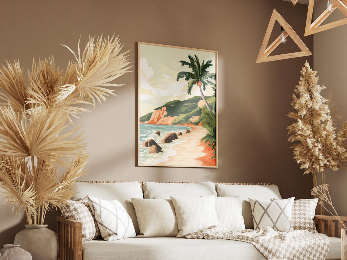 Tranquil Tropical Beach With Palm Tree And Rocky Shoreline Poster - Image 3