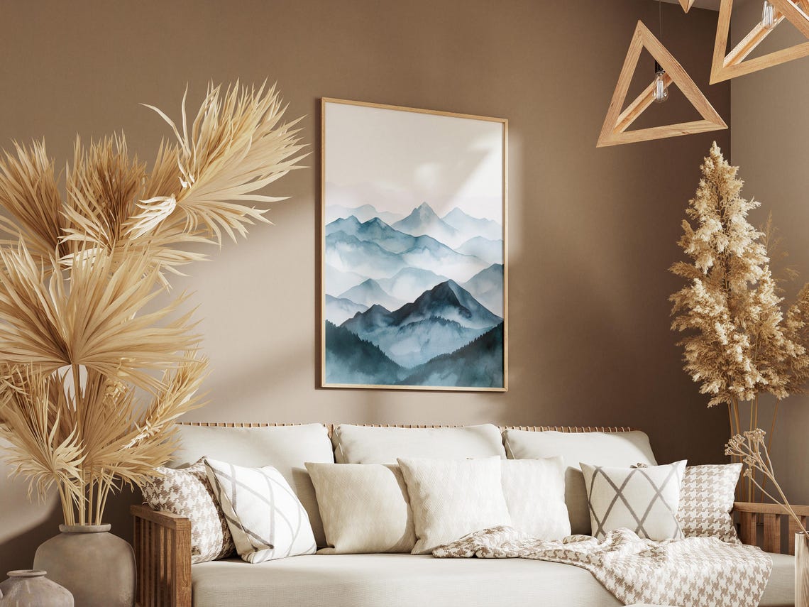Blue Watercolor Layered Mountain Ranges Misty Japandi Art Poster - Image 3