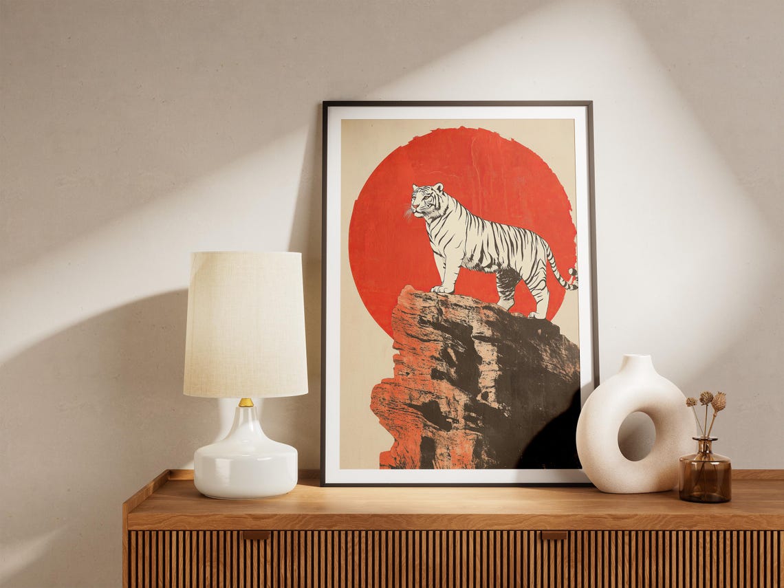 White Tiger Standing on Red Rock Before Giant Red Sun Art Poster - Image 5
