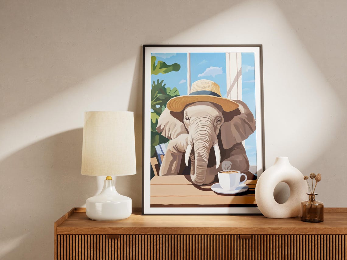 Elephant Art Print Cafe Poster Coffee Lover Gift Whimsical Wall Animal Home Decor With Hat - Image 4