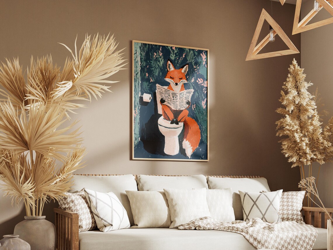 Orange Fox Reading Newspaper On Toilet Floral Bathroom Poster - Image 3