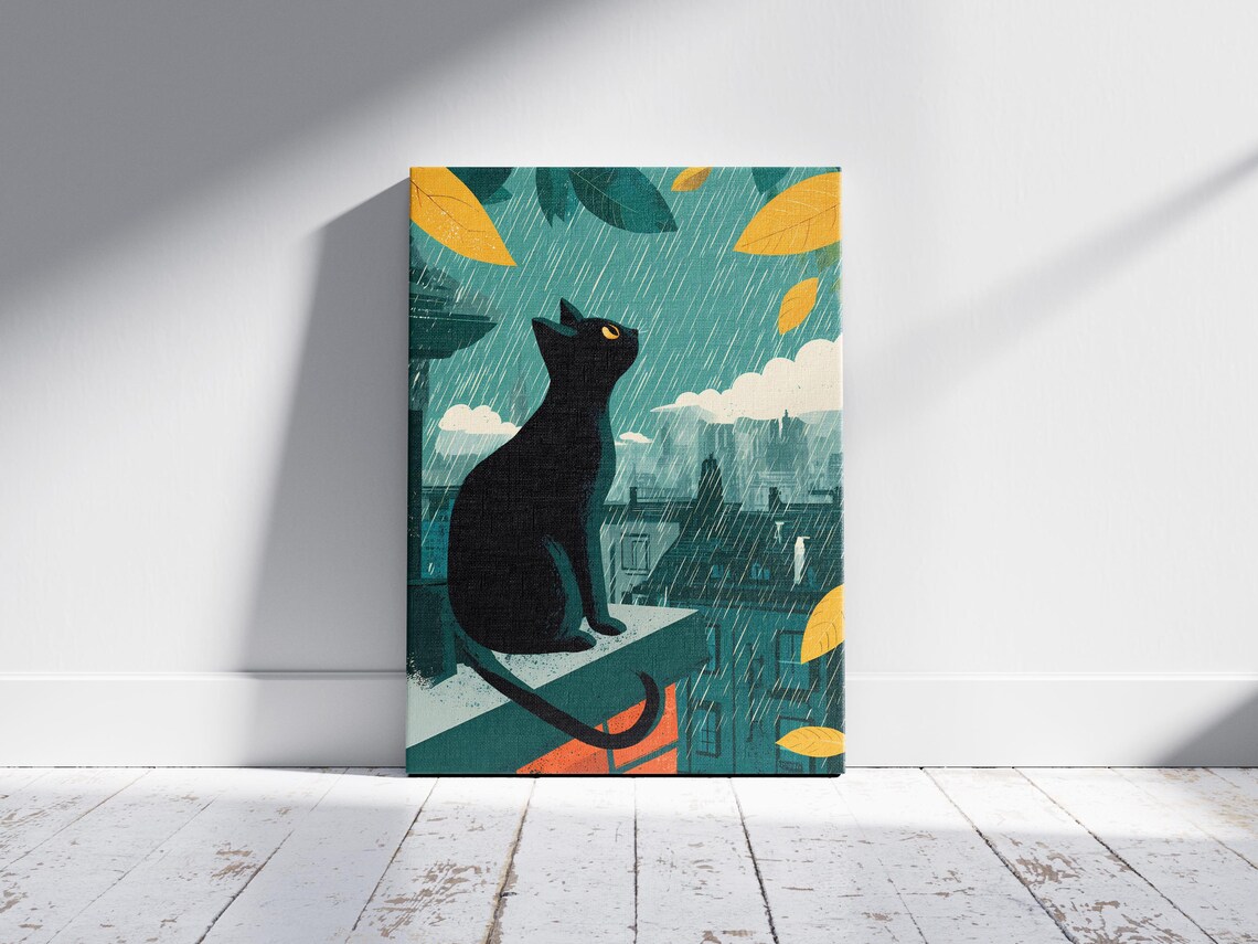 Black Cat Rainy Rooftop Whimsical Travel Style City Art Poster - Image 2