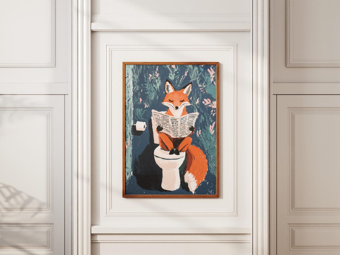 Orange Fox Reading Newspaper On Toilet Floral Bathroom Poster - Image 2