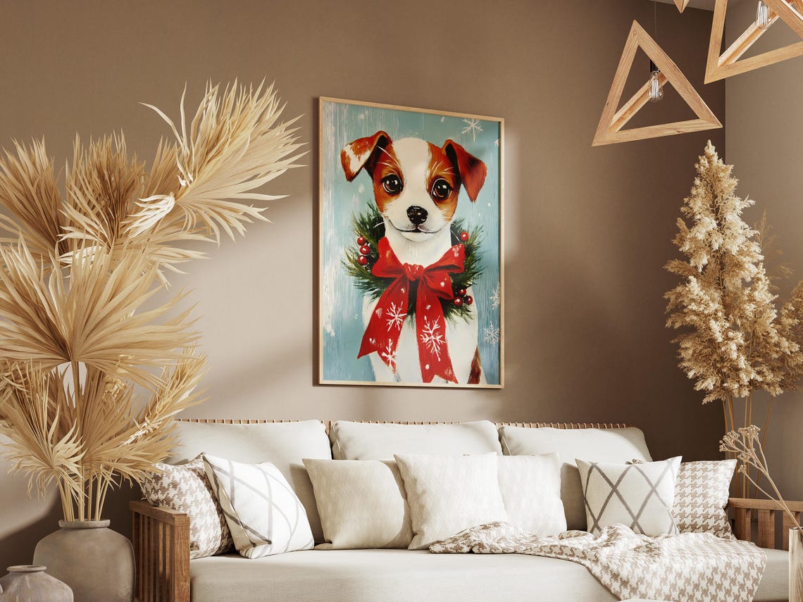 Cute Dog With Christmas Wreath Vintage Holiday Poster Print Dog Lover Gift Xmas Puppy Adorable Pet Art Festive Canine Illustration Winter - Image 3