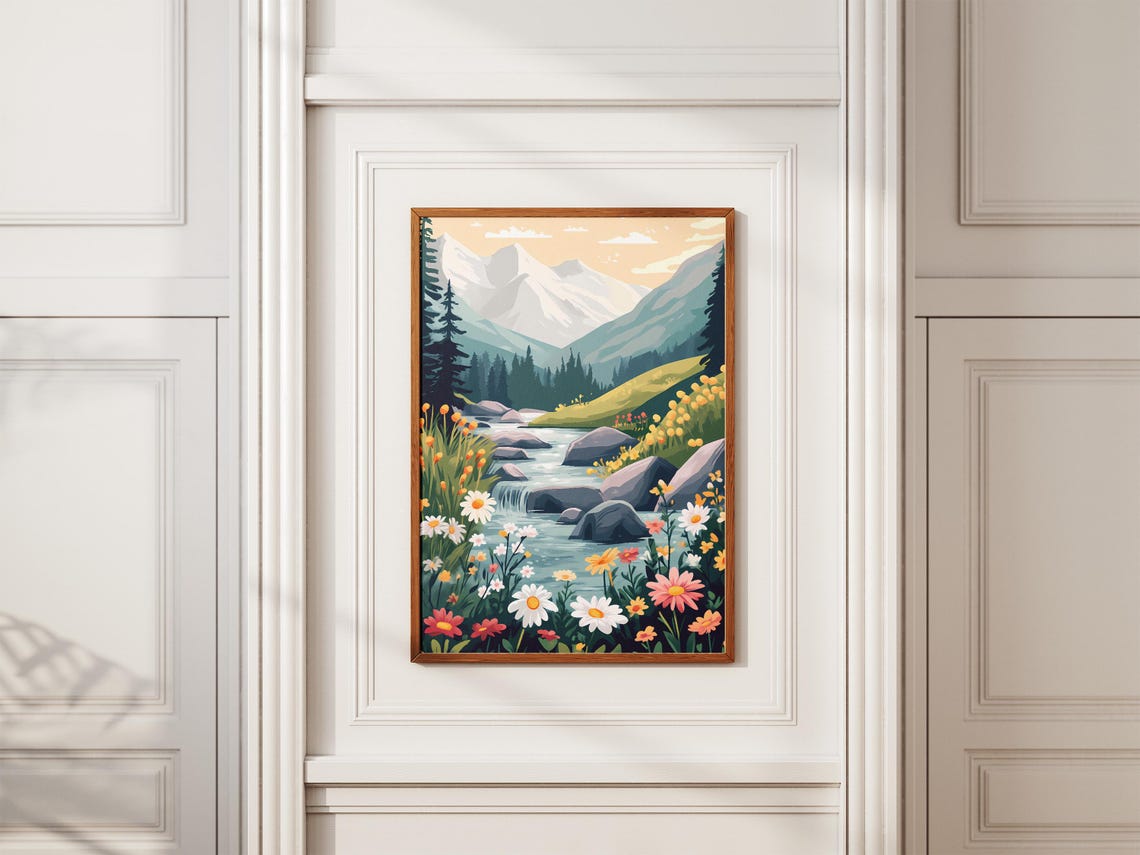 Wildflower Mountain Stream Waterfall Meadow Landscape Poster - Image 2