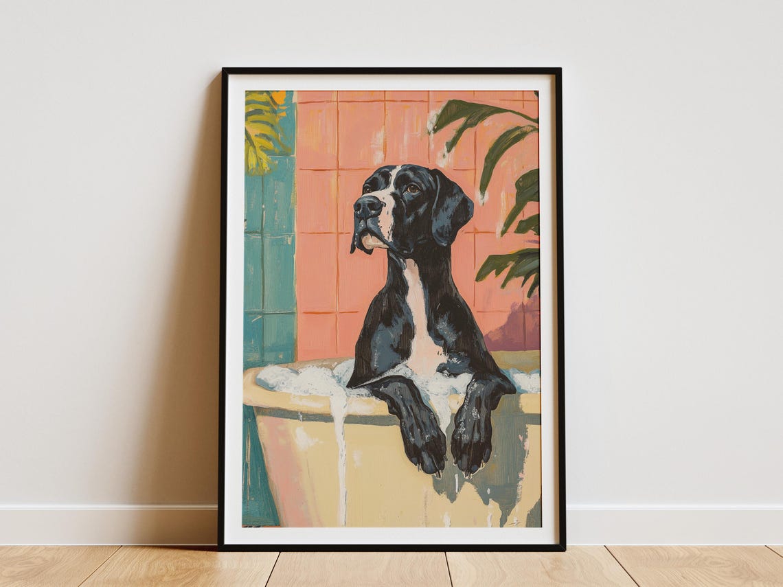 Black and White Great Dane in Foamy Tub Tropical Dog Art Poster