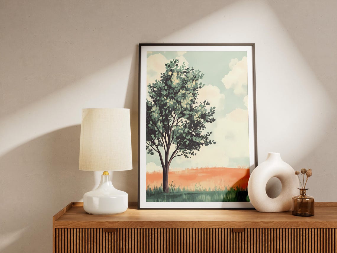 Lone Tree In Open Field Under Orange Sunset Sky Nature Art Poster - Image 4