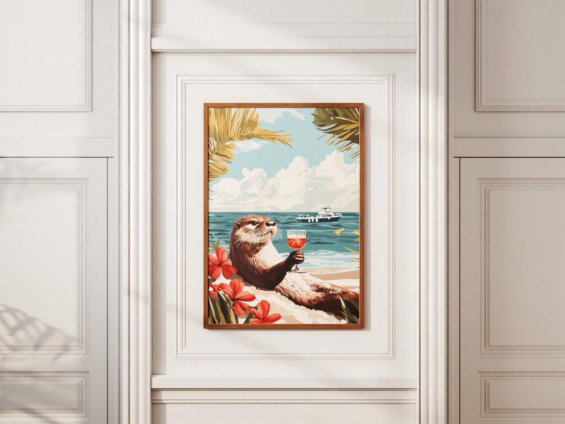 Beach Otter Holding a Glass of Wine Among Hibiscus Flowers Poster - Image 2