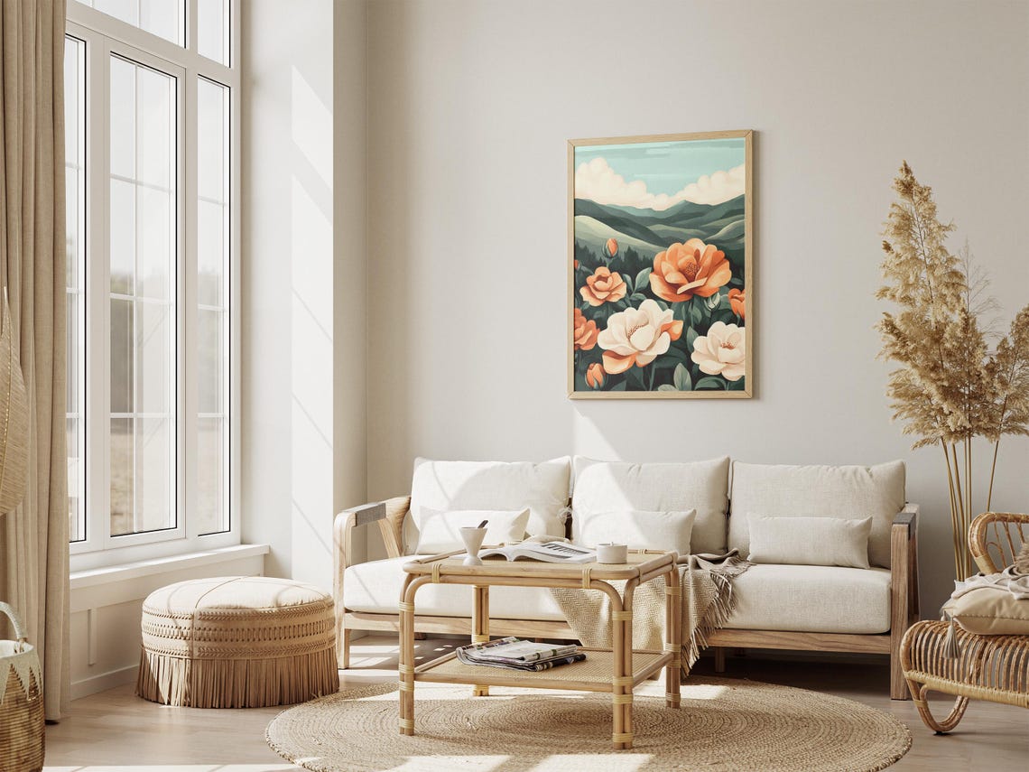 Peach And Cream Roses Blooming Before Rolling Green Mountains Poster - Image 4