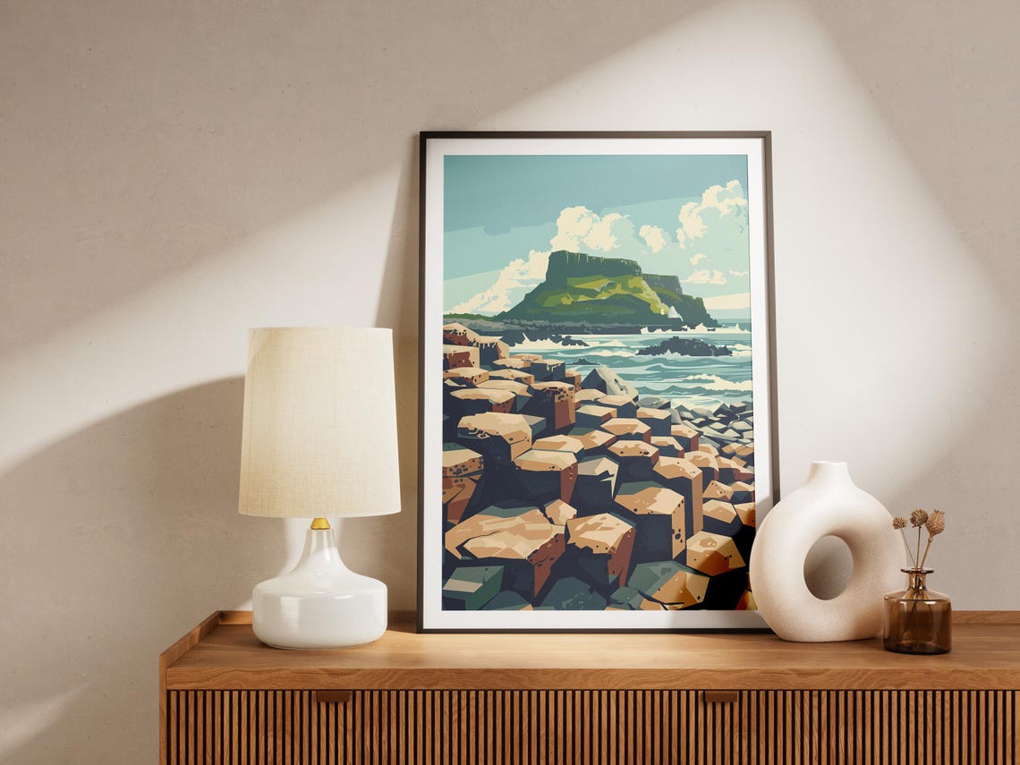 Rocky Coast Basalt Cliffs Green Headland Vintage Scenic Art Poster - Image 2