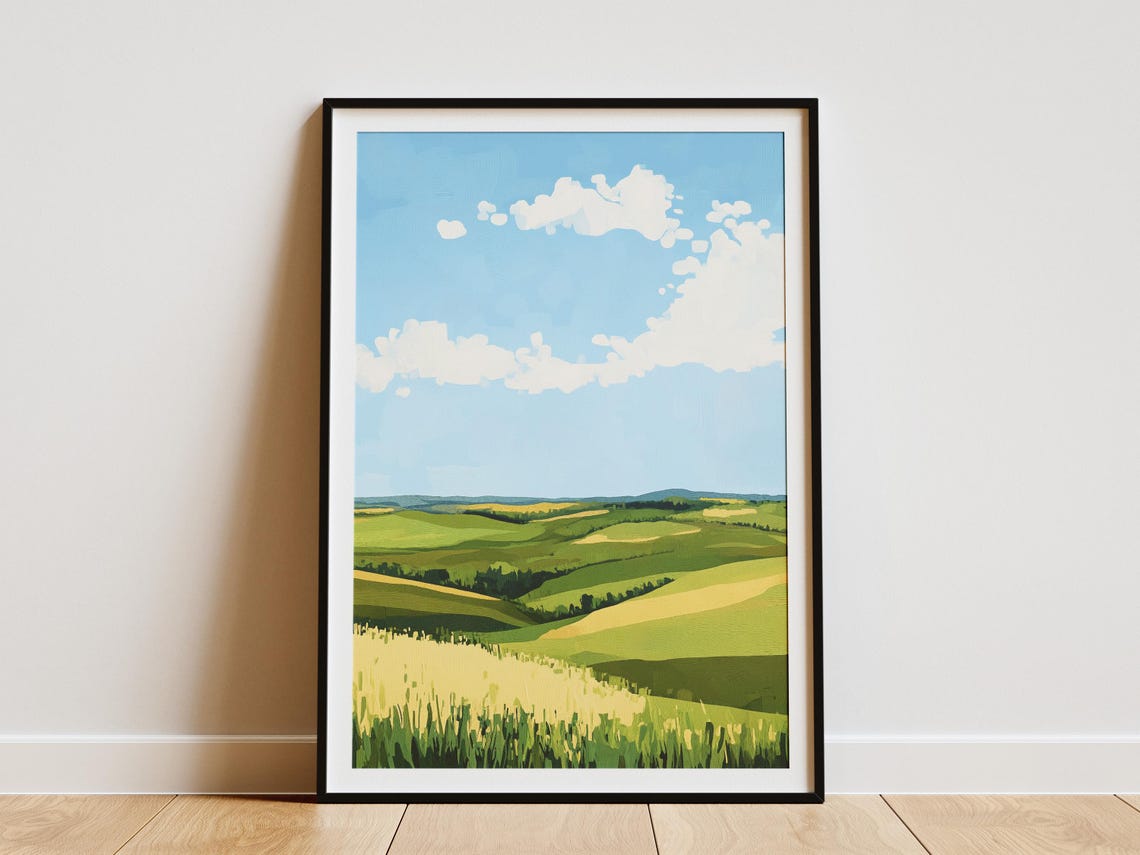 Nebraska Rolling Green Prairie Hills Blue Sky Minimalist Art Poster