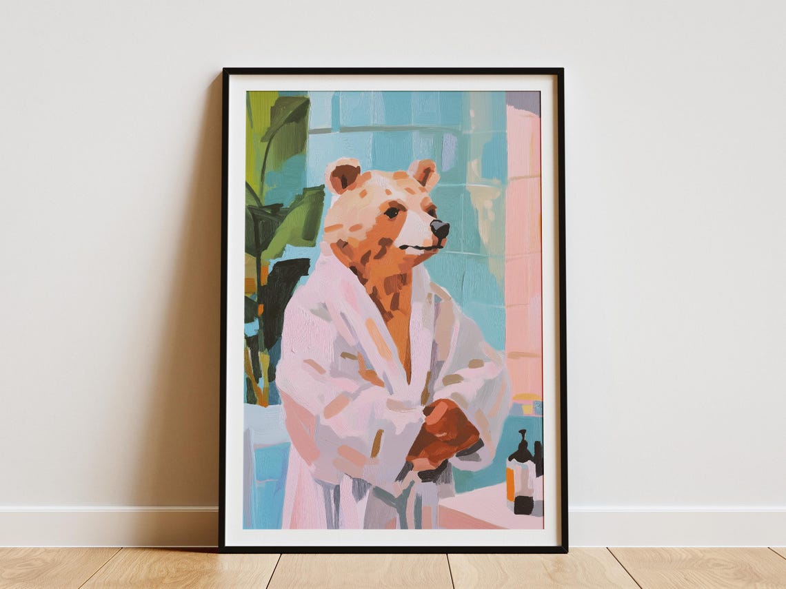 Gentle Brown Bear Wrapped in a Soft Pink Bathrobe Bathroom Poster