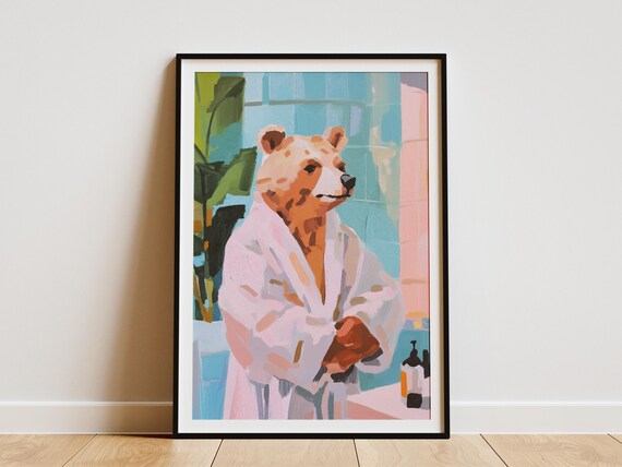 Gentle Brown Bear Wrapped in a Soft Pink Bathrobe Bathroom Poster