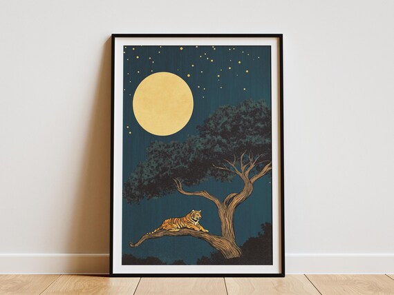 Tiger Resting Under Banyan Tree Golden Moonlit Night Jungle Poster