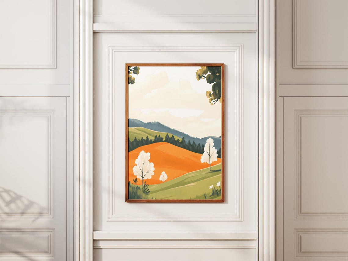 Orange Hill With White Spring Trees Minimalist Modern Landscape Poster - Image 2