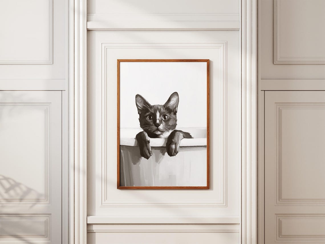 Sleek Black Cat in Bubble Bath Minimalist Bathroom Art Poster - Image 2
