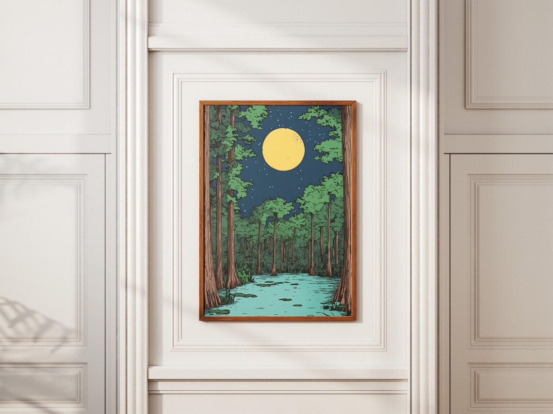 Congaree National Park Moonlit Swamp Forest With Golden Moon Night Poster - Image 2