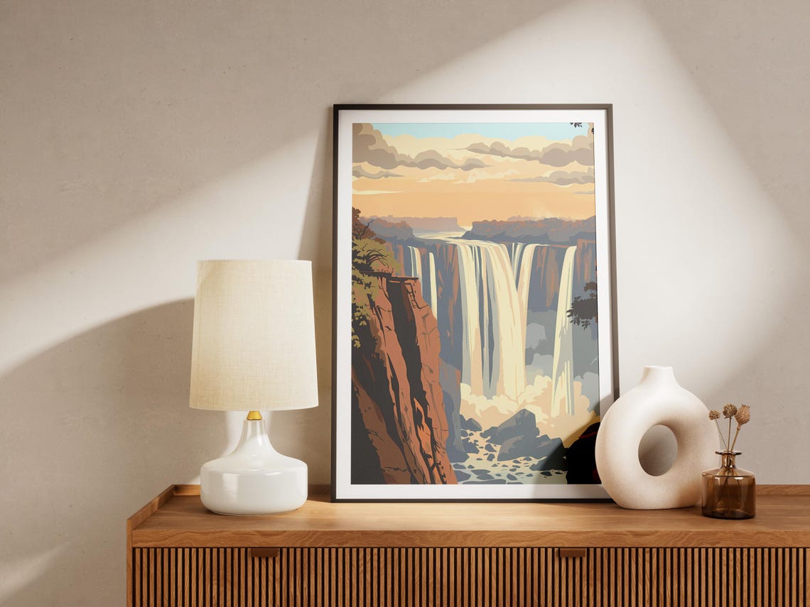 Victoria Falls Wide Waterfall Canyon Golden Sky Travel Poster - Image 2