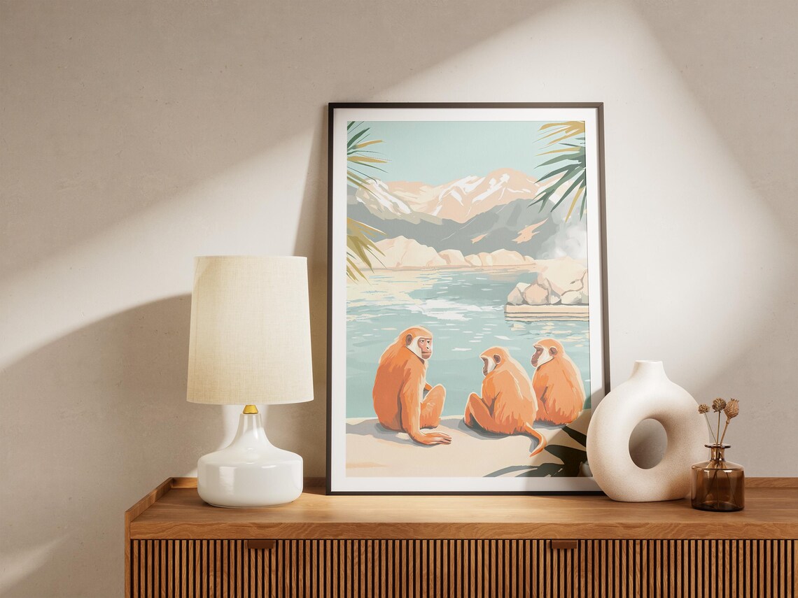 Japanese Snow Monkeys By Mountain Lake Wildlife Illustration Poster - Image 5