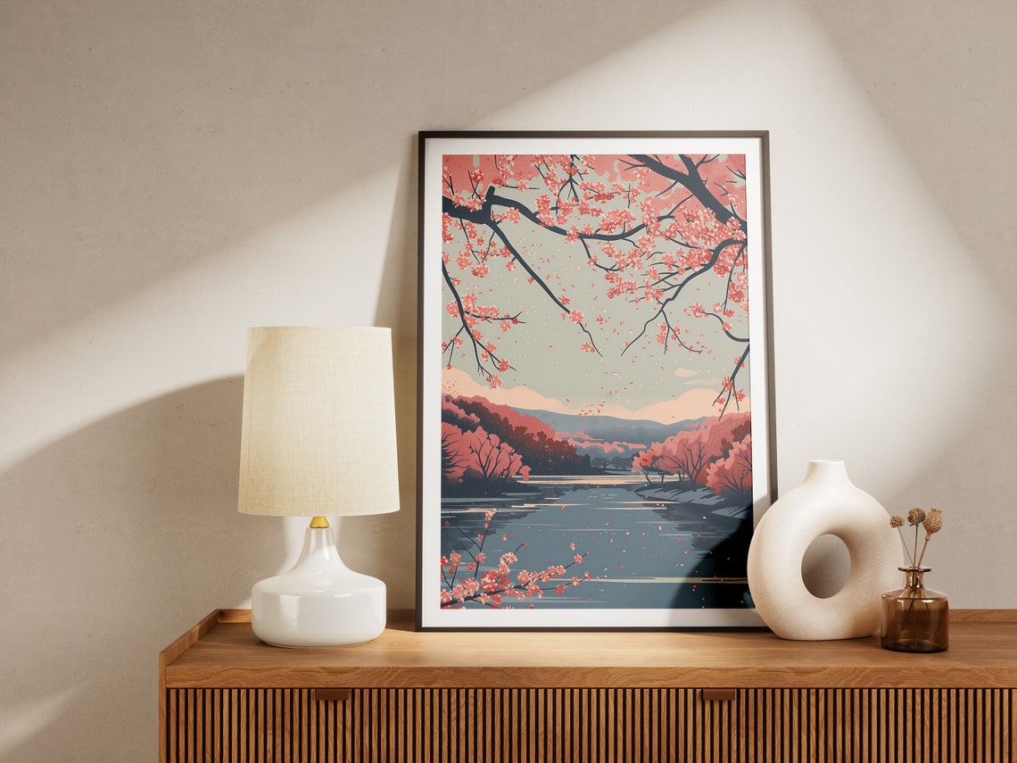Cherry Blossom Over Lake Japanese Style Landscape Art Poster - Image 2