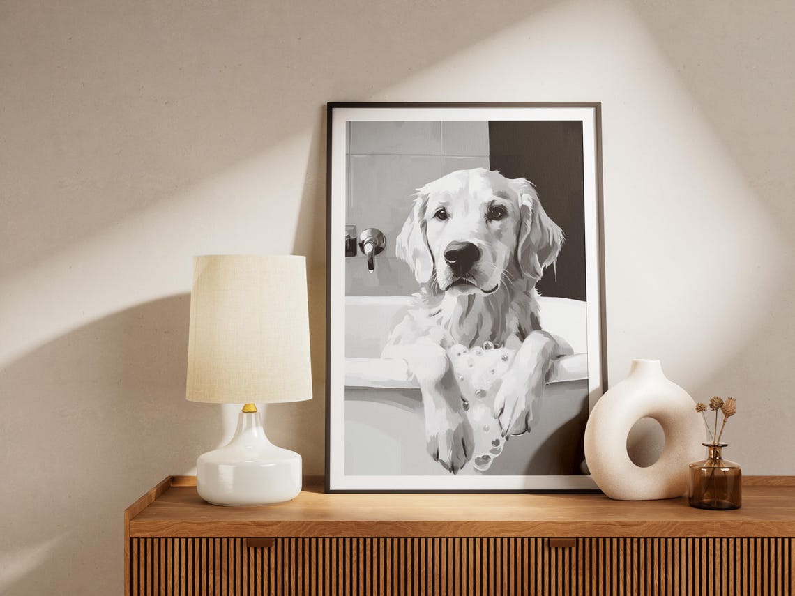 Golden Retriever In A Bubble Bath Black And White Art Poster - Image 4