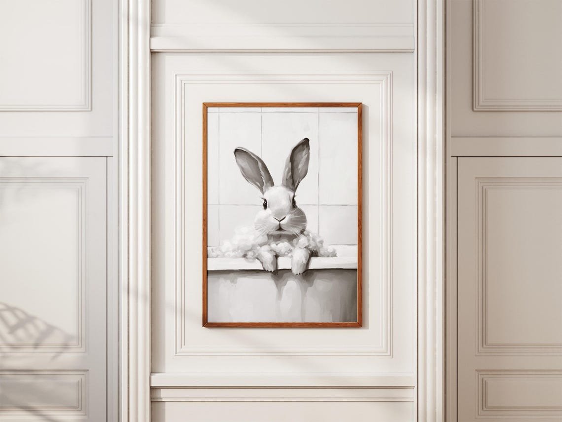 Rabbit In Bathtub Poster Bathroom Wall Art Bunny Bubble Bath Print Minimalist Animal Nursery Decor Cute Modern Home - Image 2