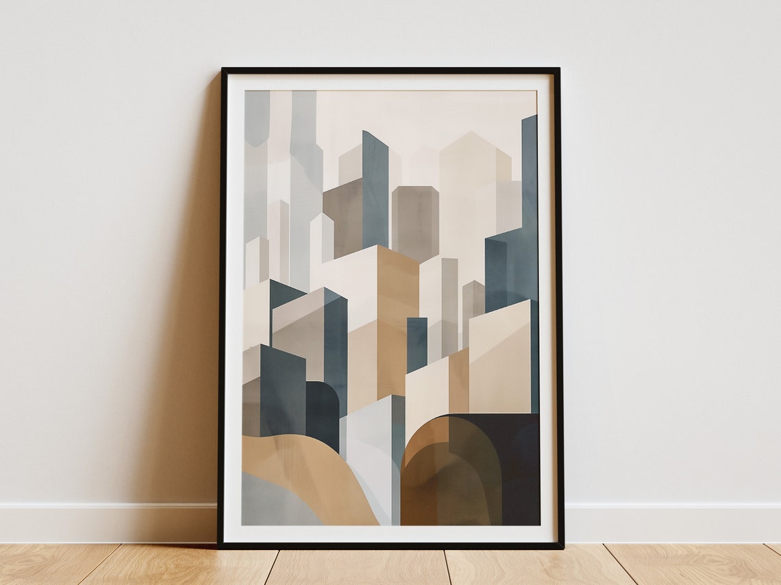 Abstract Geometric Cityscape Towers Beige Blue Modern Art Poster