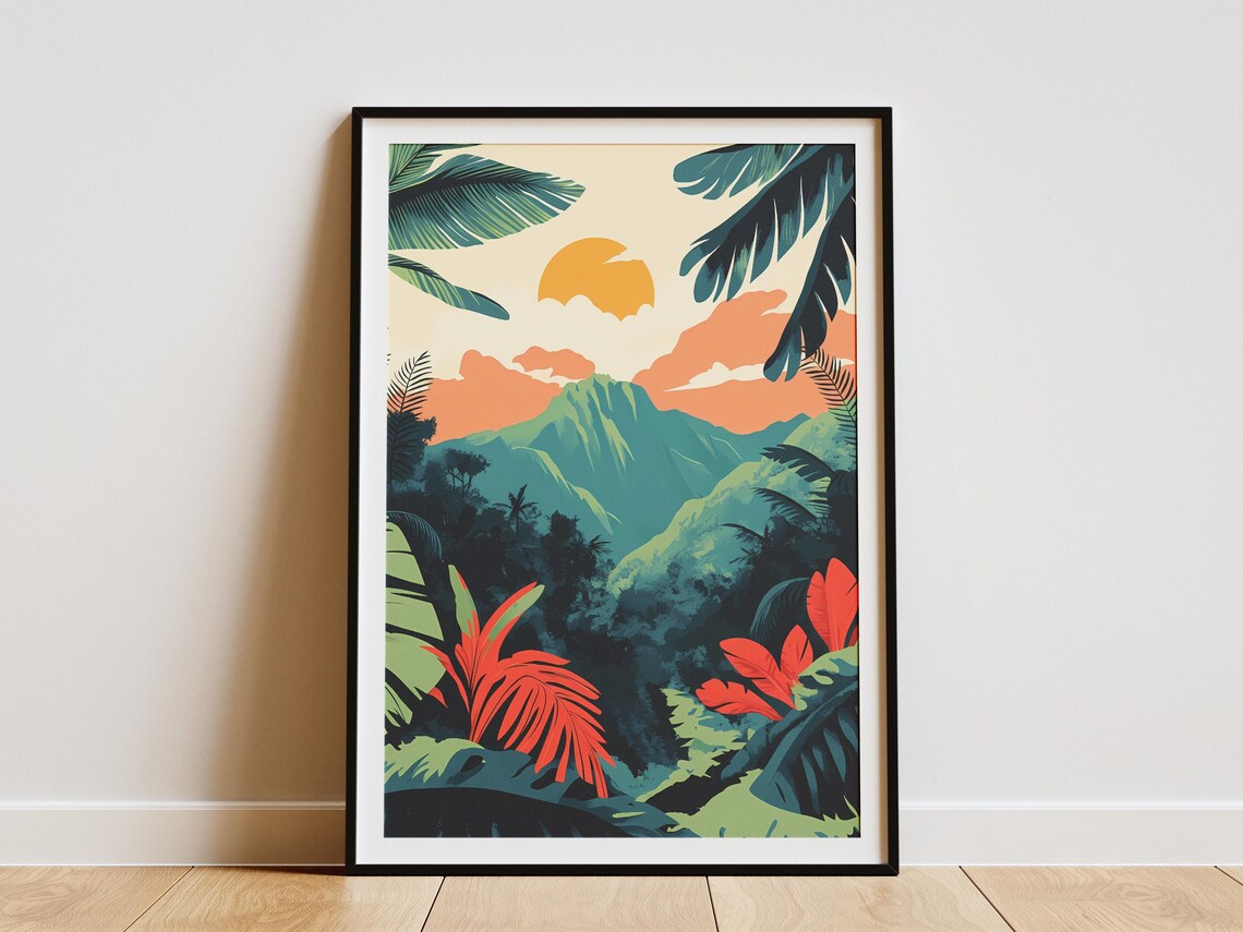 Tropical Jungle Valley With Mountain Under Orange Sun Poster