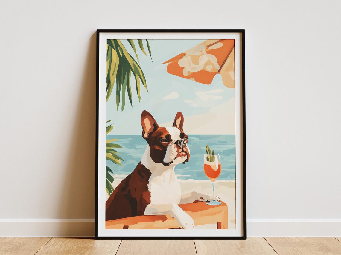 Boston Terrier with Cocktail Beach Umbrella Funny Dog Art Poster