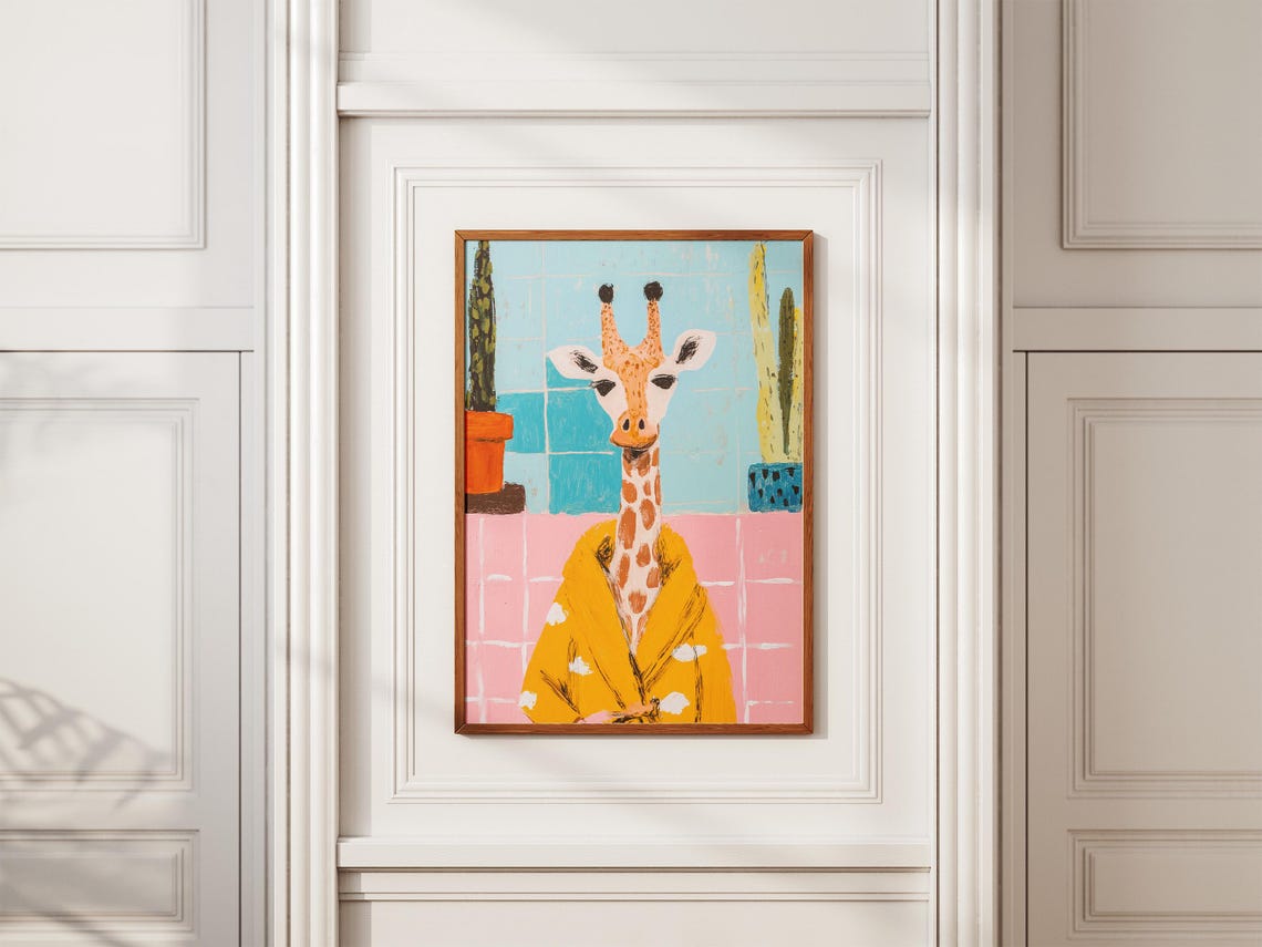 Sunny Giraffe In Yellow Polka Dot Bathrobe With Cacti Poster - Image 2