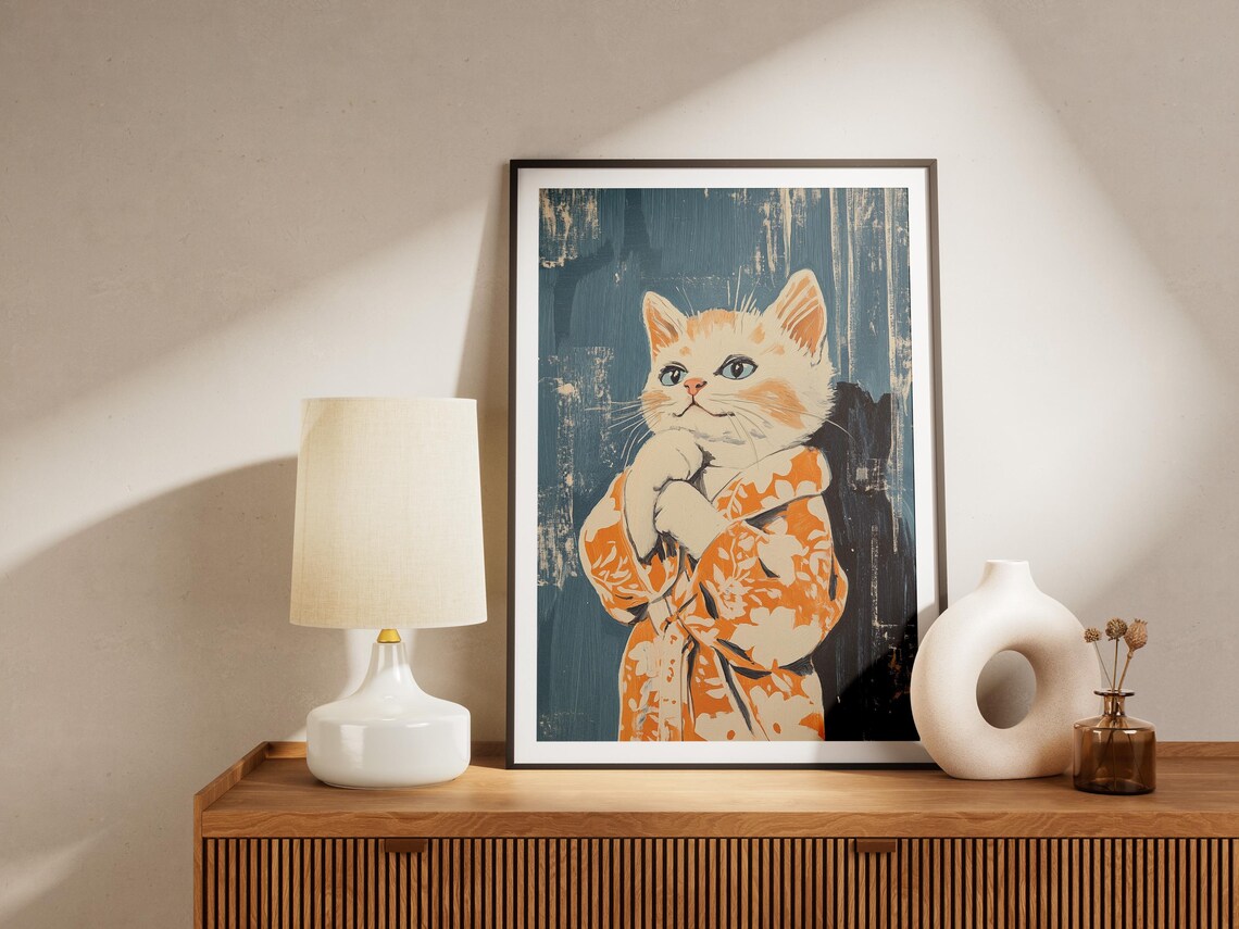 Kitten in an Orange Floral Bathrobe Cute Vintage Pet Art Poster - Image 4
