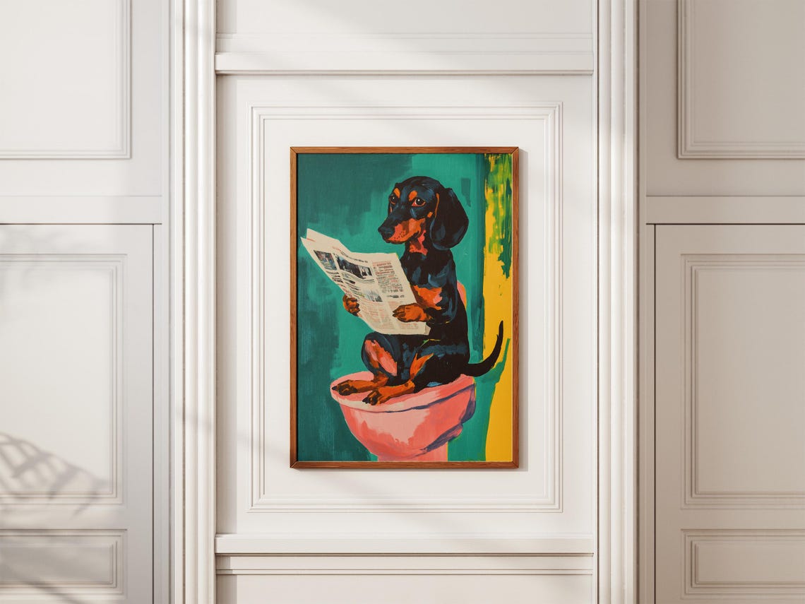 Dachshund on Toilet Reading Newspaper Teal Bathroom Funny Poster - Image 2