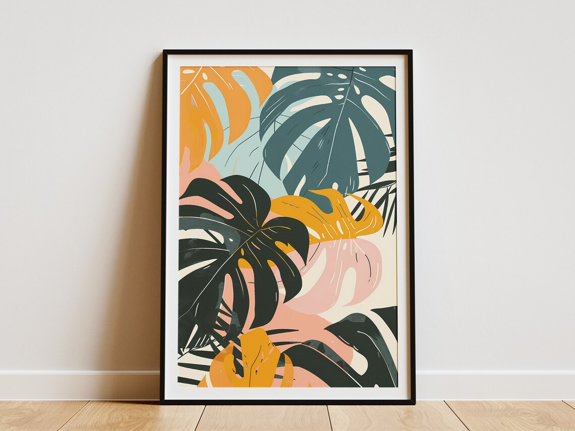Tropical Monstera Leaf Art Print Minimalist Boho Wall Decor Plant Poster Abstract Green Yellow