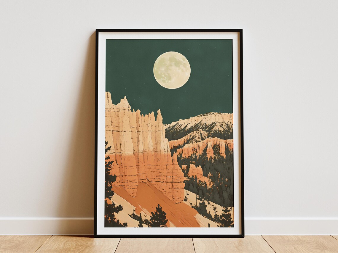 Bryce Canyon Utah Moonlit Hoodoos Red Rock Amphitheater Night Art Poster