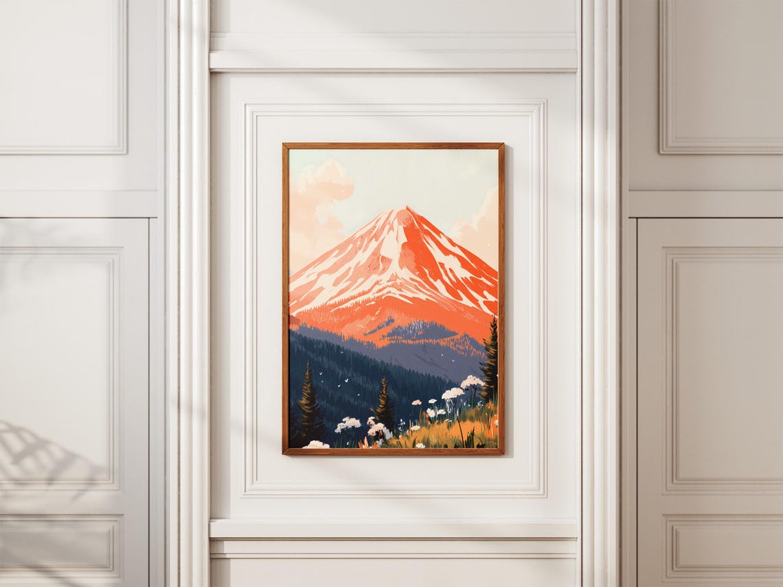 Red Sunrise Volcanic Peak Dark Forest Wildflower Scenic Poster - Image 2