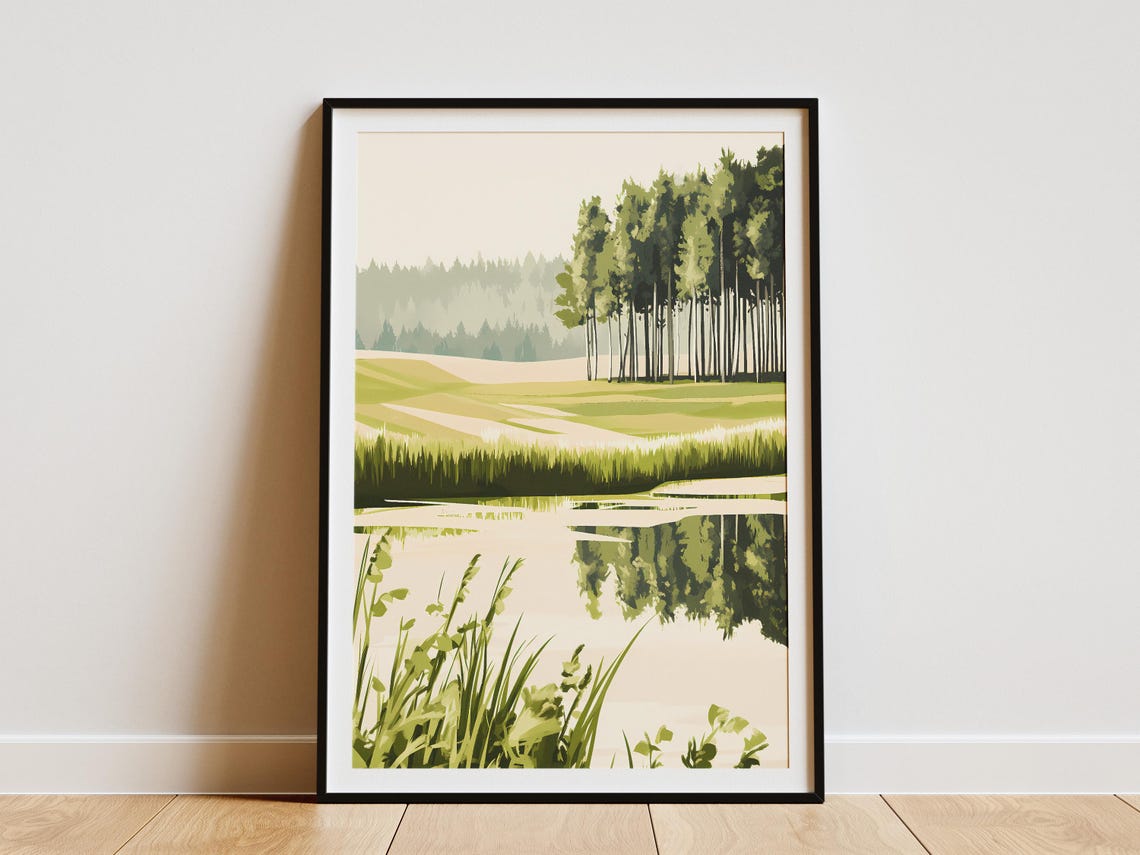 Still Forest Lake Mirror Reflection Minimalist Nature Scene Poster