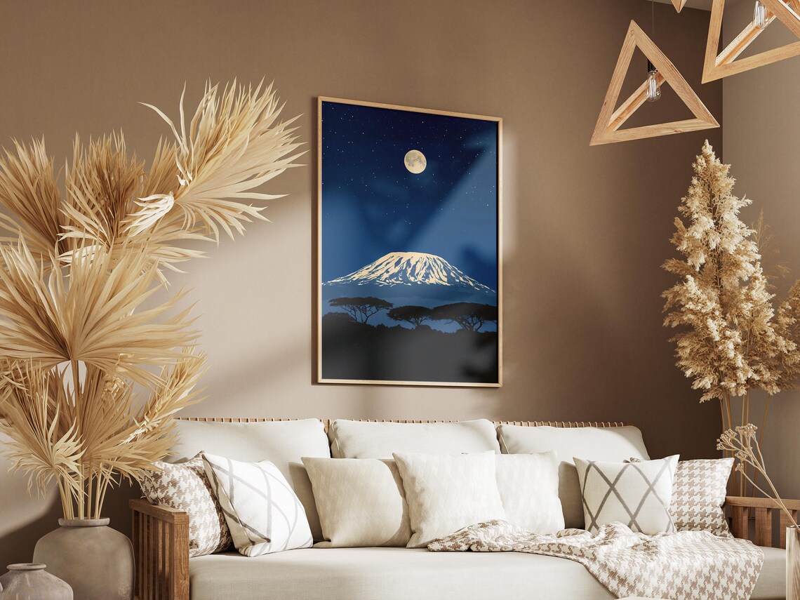 Mount Kilimanjaro Tanzania Acacia Trees Moonlit Night African Art Poster - Image 3