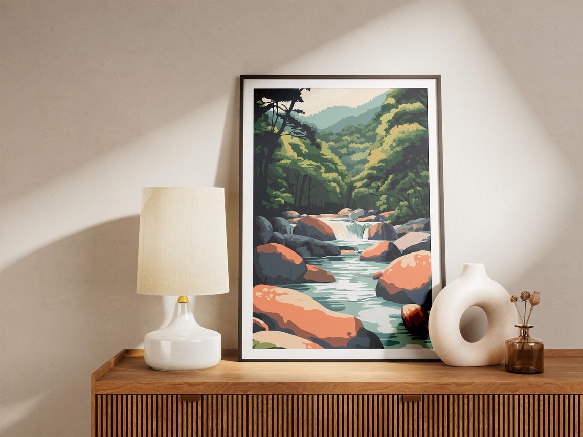 Misty Forest River Red Rock Waterfall Wilderness Landscape Poster - Image 5