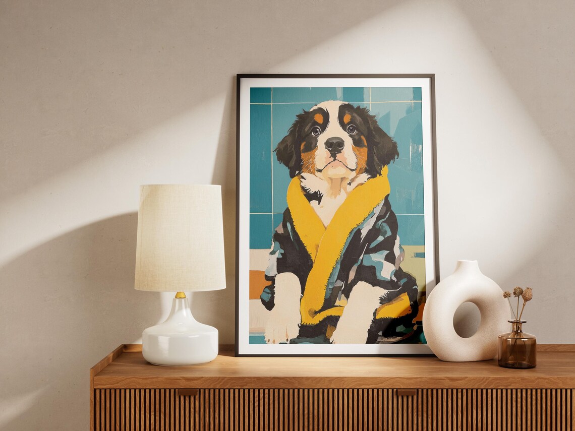 Bernese Mountain Dog Puppy Yellow Collar Robe Portrait Poster - Image 4