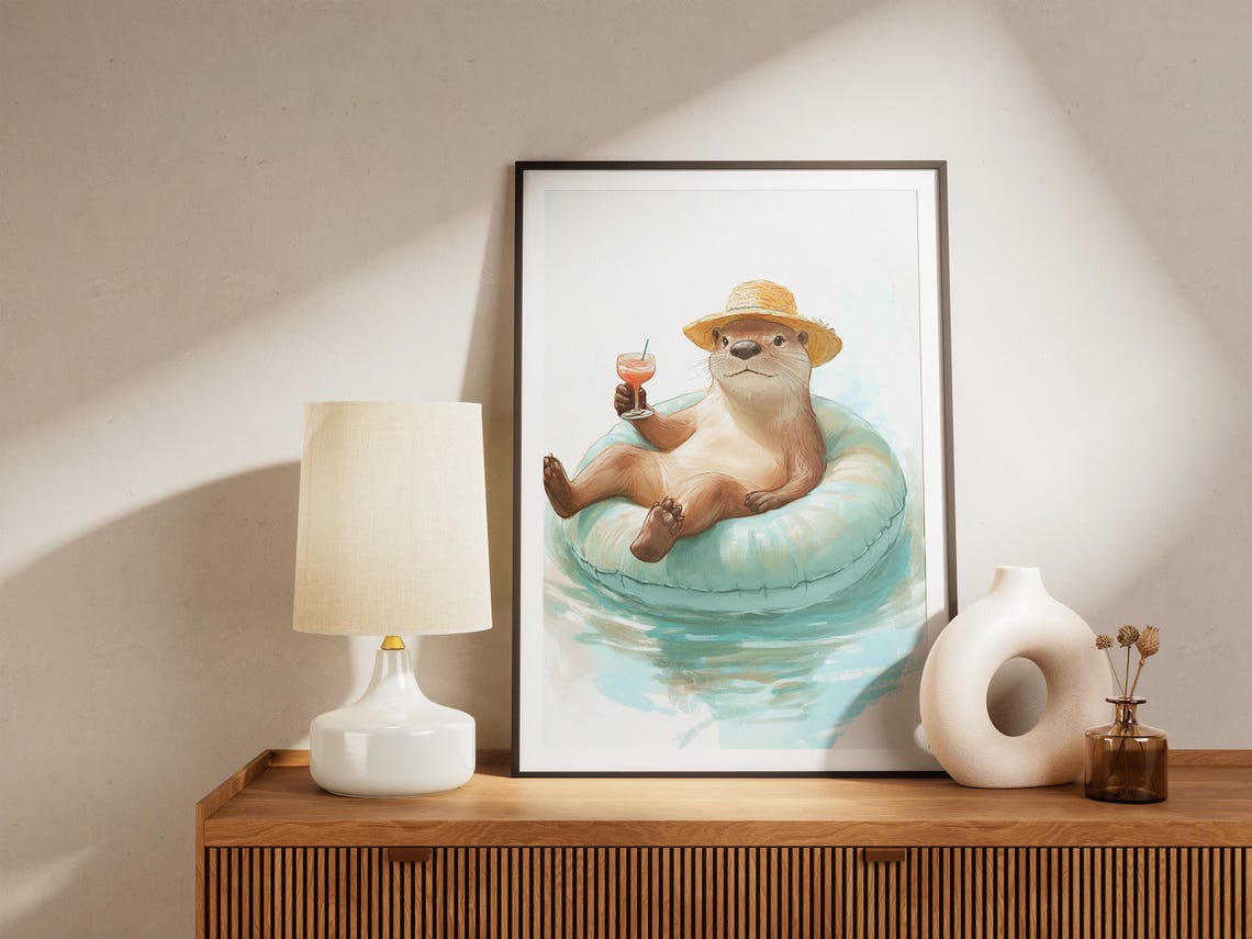 Relaxed Otter in Straw Hat Floating with Cocktail Summer Pool Poster - Image 5