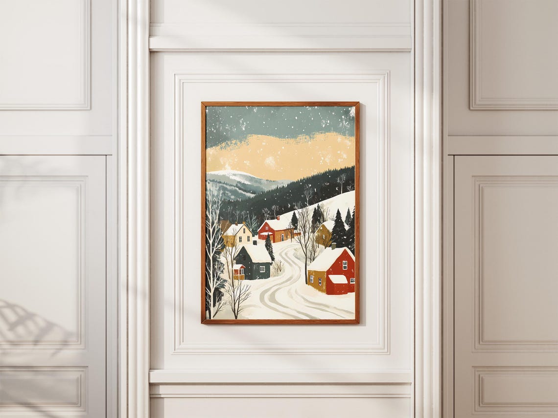 Snowy Village Winter Landscape Poster Cozy Cottage Scene Farmhouse Christmas Print Scandinavian Home Decor Winter Wonderland Art Holiday - Image 2