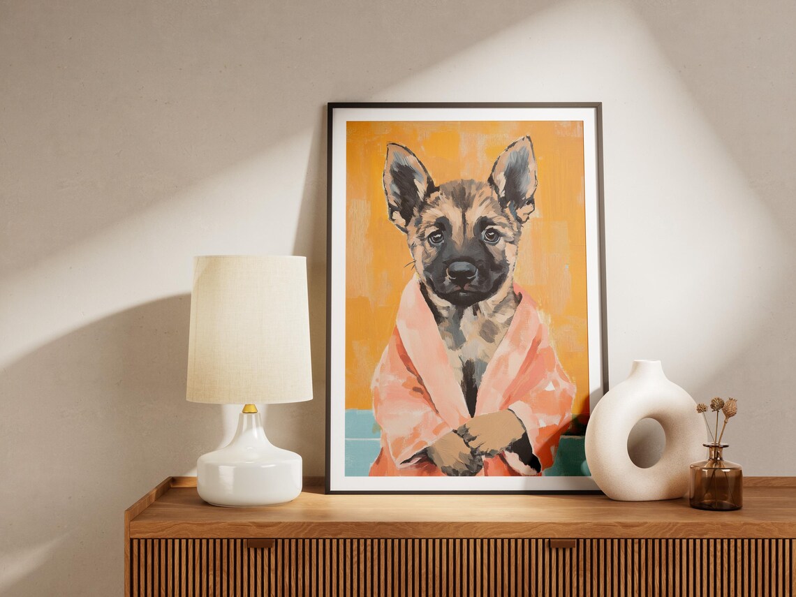 German Shepherd Puppy In Peach Bathrobe Poster Cute Dog Portrait Art - Image 4